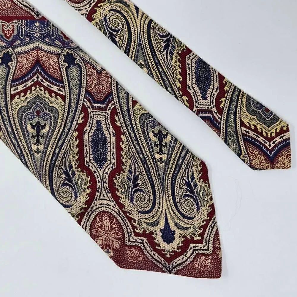 POLO RALPH LAUREN SILK TIE RED BLUE CREAM PAISLEY VINTAGE MADE BY HAND 4" X 57"